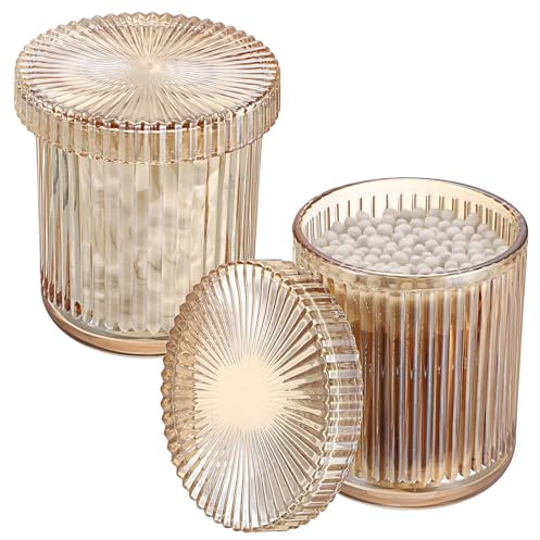 OLegei Glass Cotton Ball and Swab Holder Organizer, Set of 2 Bathroom Glass Storage Jars with Lid, Q-tips Floss Dispenser, Vanity Makeup Accessories Storage Jar, Apothecary Storage Canister(Amber)