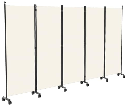 Monucep Paravent Raumteiler 284x181x30cm, 5 Teilig klappbar Freistehend Trennwand auf Rollen und Bremsen, Umkleide Sichtschutz Wand Raumtrenner, Stellwand für innen Outdoor Garten Büros Terrasse, Weiß