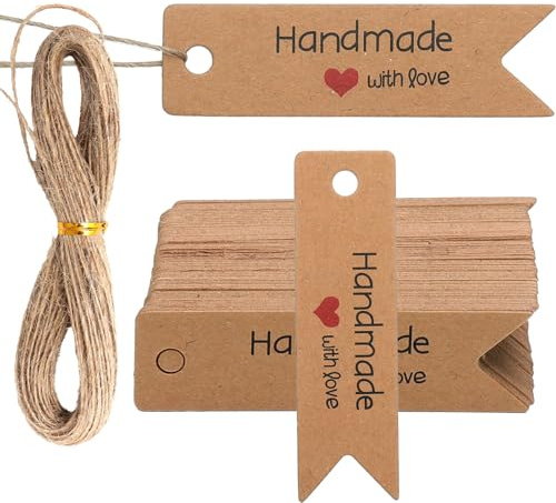 VOSSOT 100 etichette fatte a mano con amore, in carta kraft, 7x2cm etichette regalo marroni con corda da 20 m, Etichettes con Spago per matrimonio, Natale, confezione regalo