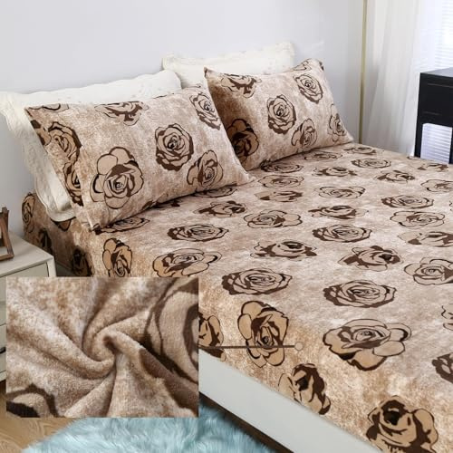 MAG 3Pcs Fleece Fitted Sheet Full Size with Brown Floral Pattern, Super Cute Fluffy Warm Flower Print Decor Bottom Sheets for Women Girls,included1*Fitted Sheet and 2*Pillowcases.