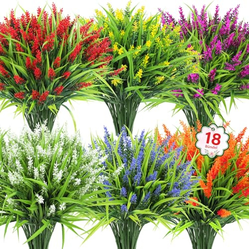 BlueCloudy 18 Bündel Lavendel Kunstblumen Künstliche Pflanzen | Wie Echt Wetterfest Kunstpflanze Outdoor für Draußen Balkon Garten Plastikblumen Balkonpflanzen Deko