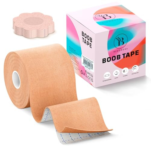 BLOOMORA Boob Tape Essential – 5 cm boobytejp med silikonbröstvårtsskydd – extra brett brösttejp lift för stora bröst – osynlig självhäftande bh för kvinnor – brösttejp beige