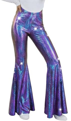 Pailletten Hose Glitzer Schlaghose Damen Metallic Schlaghosen 60er 70er 80er Vintage Tanzhose Skinny Hosen Glänzende Retro Leggings Stretch Karneval Disco Party Clubwear