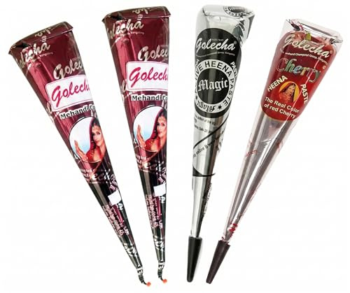 Golecha Henna Kegel Set 4 x 25 g – Pflanzliche Kräuterpaste Mehndi Cones für temporäre Hautdekoration – Farbset mit 2 x Rotbraun, 1 x Schwarz und 1 x Kirschrot (Cherry)