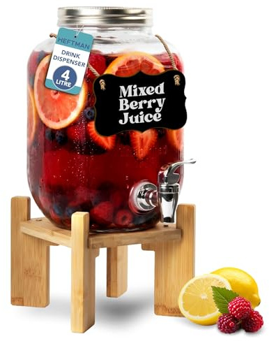 HEFTMAN Getränkespender aus Glas mit Zapfhahn 4L | 4 Liter Leerer Getränkespender mit stabilem Bambusständer - für Wasser, Saft, Cocktails, Limonade