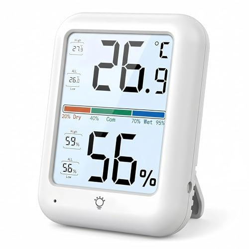 Indoor Digital Thermometer Room Hygrometer, Max Min Temperature Humidity Monitor with Comfort Indicator, Touch Backlight, Magnetic & Desk Mount for Bedroom, Nursery, Greenhouse, Office & Conservatory