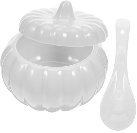 MUSISALY Set 1 Ciotola per Zuppa in Ceramica Bianca a Forma di Zucca con Coperchio e Cucchiaio, Capacità 350ml, Facile da Lavare, per Decorazioni Festive e Uso Quotidiano