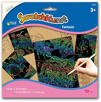 Mammut 158008 - Kratzbilder ScratchKunst, Motive Fantasie, Komplettset mit 4 Kratzbildern Regenbogen, Kratzstäbchen und Anleitung, Scraper, Kratzset für Kinder ab 3 Jahre