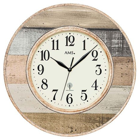 AMS 5975 Wanduhr Rund Design Kunststoffgehäuse mit Holzdekor Cremefarbenes Zifferblatt 35 cm