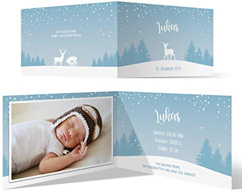 20 x Geburtskarten Babykarten individuell für Junge oder Mädchen - Rehkitz Blau