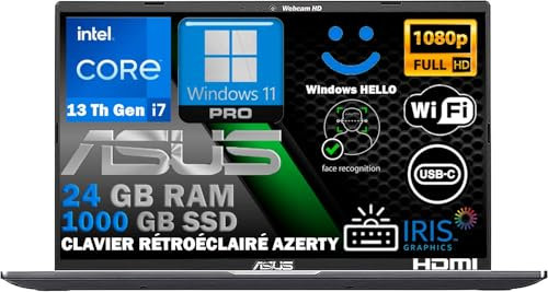 ASUS Ordinateur Portable Intel Core i7 13ᵉ Gén 10 Cœurs, RAM 24Go DDR5, SSD 1To, Écran 15.6 FHD IPS, WiFi 6E, Copilot IA, Webcam 1080p, Clavier AZERTY Rétroéclairé, Empreinte Digitale, Win 11 Pro
