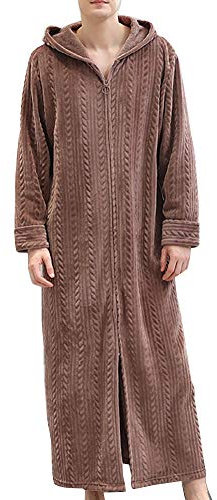 YOUCAI Donna Torsione Morbida Vestaglia Robe Extra Lungo Taglia Grossa Morbido Pile Inverno Caldo Accappatoio Pigiama Camicia da Notte in Spugna con Cappuccio e Zip Uomo del caffè M