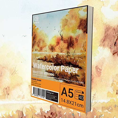 ESENG® Premium akvarellpapper DIN A5 - 40 ark - 300 GSM - vit, akvarellblock, målarblock papper för akvarell, teckning, målning