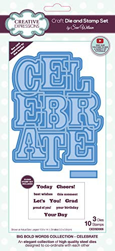 Creative Expressions Sue Wilson-Big Bold Words-Celebrate-Craft - Juego de troqueles y sellos (metal, 10,8 x 14,1 cm)
