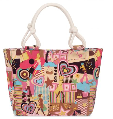 FORRICA Große Handtasche Damen mit Print Canvas Shopper Schultertasche | Leichte Tasche mit Reißverschluss, Baumwoll-Tragegriffen und Mode-Collage Design für Alltag, Reise, Arbeit und Strand