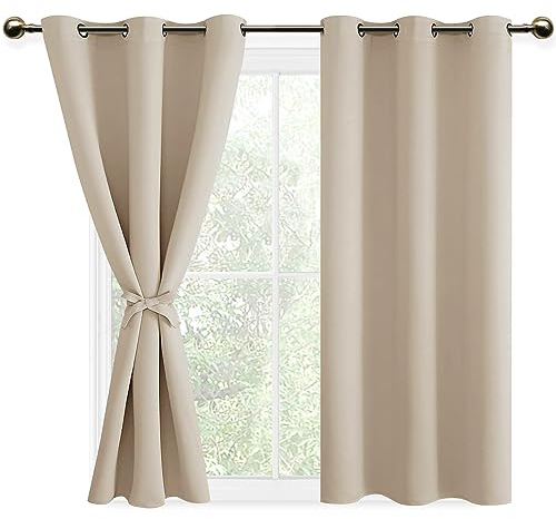 DWCN Vorhänge Blickdicht Verdunkelungsgardinen mit Ösen 2 Stücke Thermogardine für Wohnzimmer, Schlafzimmer, Gardinen Kurz, Biscotti Beige, 137x117cm(HxB)