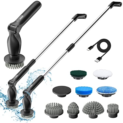 Electric Spin Scrubber, Cordless Spin Scrubber with 8 Replaceable Brush Heads and Adjustable Extension Handle, 2 Speeds & Remote Control,Power Electric Cleaning Brush for Bathroom Floor Tile Car