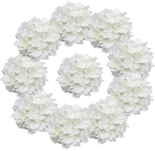 DH EYB 10 pcs Hydrangea Artificial Flowers, Silk Artificial Hydrangea Head with Stem Hydrangea for Bridal Wedding Baby Shower Home Party Decoration (White)