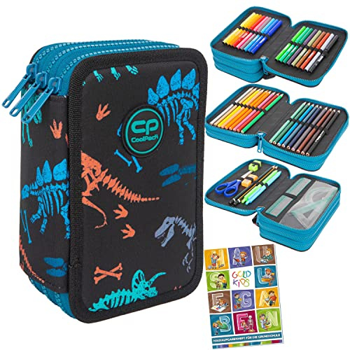 Goldkids Federtasche 3-fache Federmappe FOSSIL Tiere Federmäppchen 46-teilig gefüllte Schüleretui Stifte und Pinsel inkl. Aufgabenheft Federbox Etui Stiftetasche Schlamper-Etui Schul-Etui
