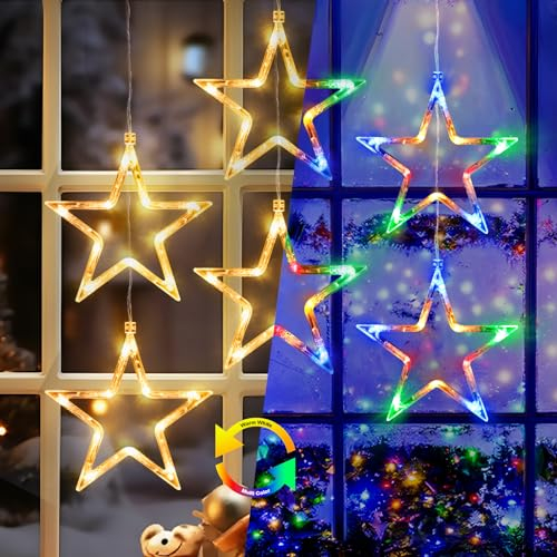 ELKTRY Weihnachtsdeko mit 6 Sterne, 2 Stück 60 LEDs Fensterdeko Stern mit timer, Memory Funktion Innen Batterie Warmweiß und bunt Weihnachtsstern Beleuchtung Außen