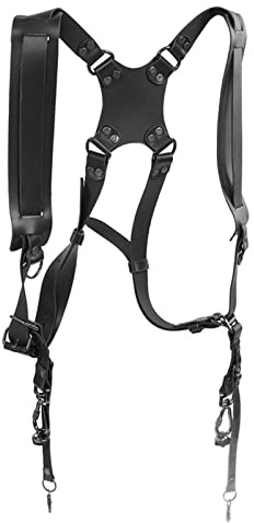 Cyrank Camera Strap Accessories for Two Cameras, Dual Harness Two Cameras Shoulder Leather Strap Adjustable Camera Harness Straps for DSLR SLR(Black)
