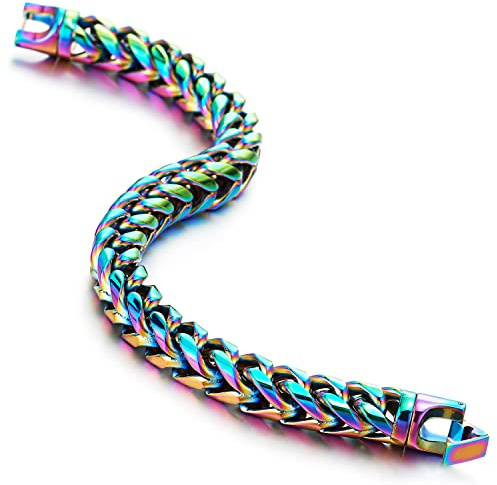 COOLSTEELANDBEYOND Minimalistisches Edelstahl Armband für Herren und Damen, Oxidierte Regenbogen Franco Link Panzerkette, Rock Punk