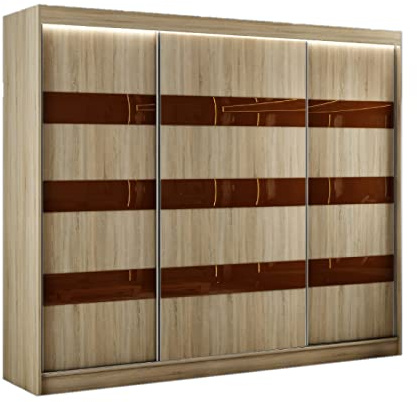 Margaret Hadas24 Kleiderschrank Emma 250 cm, Organizer, Mehrzweckschrank, Schwebetürenschrank, Garderobenschrank, Kleiderstange,Kleiderständer, Flurschrank, Schrank,3-türig, braun, lacobel Schokoloade