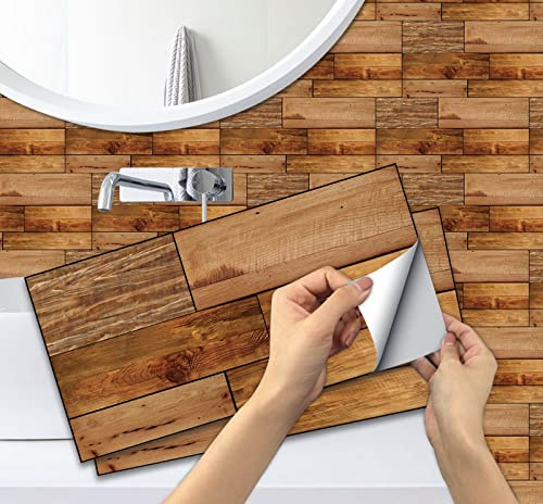 A.Monamour Selbstklebend PVC Klebefliesen Fliesenaufkleber 3D Fliesen Holzoptik Wasserdicht Wand Folie Deko Fliesenfolie Klebefolie Fliesensticker Treppe Aufkleber für Küche Bad Backsplash 15cmx30cm