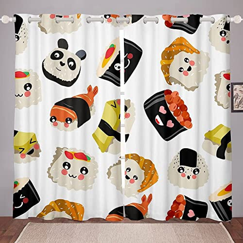 HATEGE Vorhang Blickdicht Cartoon-Sushi für Kinder Gardinen mit Ösen 3D Muster Japanischer Stil Blickdichte Vorhänge Thermovorhang Kälteschutz Verdunklungsvorhänge 2er Set 91.5x214 cm（BxH