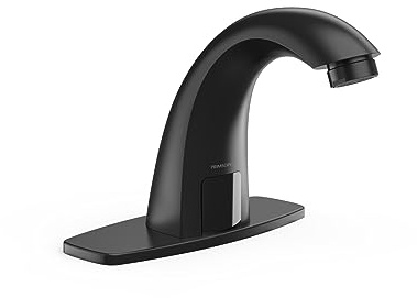 PRIMSOPH Automatic Motion Sensor Hands Free Electronic Infrared Smart Commercial Touchless Bathroom Sink Faucet with Cover Plate Temperature Mixer Battery or Plug-in Powered Matte Black