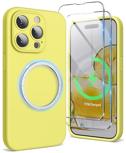 SURPHY Cover Magnetica Silicone per iPhone 15 pro con 2*Vetro Temperato(6.1''), Compatibile con Magnetica Accessori, Custodia per iPhone 15 pro Antiurto Protettiva Fodera in Microfibra, Giallo