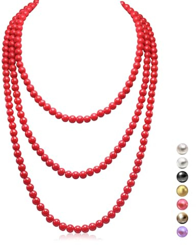 genkigold Lange Perlenkette für Frauen der 1920er Jahre - PARIS - Natürliche Kulturperlen - Luxuriöse 8mm Strangperlen mit Zeitloser Eleganz Länge 150cm(60) - für Jeden Anlass - Rot