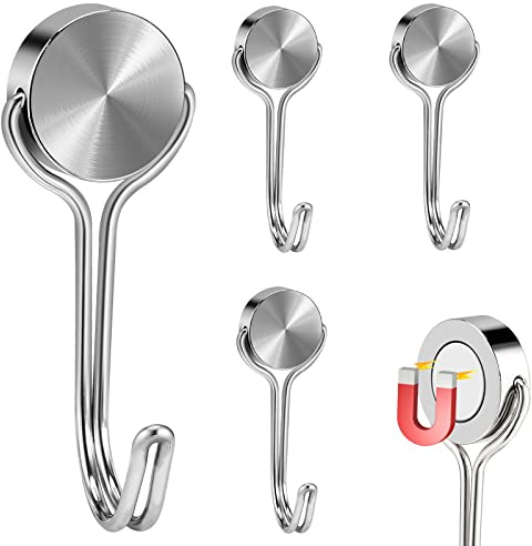 Buelkmag Magnethaken, robuste 304-Edelstahl-Magnethaken für Kreuzfahrt-Kühlschrankgrill, starke Magnete mit Haken für die Küche zu Hause, Garagenschlüsselhalter, 4 Stück (Silber, 2,8cm – 1 1,8 kg)
