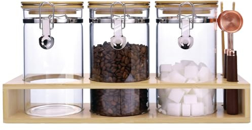 Matifaner Glass Coffee Storage Containers with Bamboo Shelf,Ground Coffee Holder Jars,Airtight Glass Countertop Storage Jar Canisters with Spoon for Coffee,Loose Tea,40 Fluid-oz,Pack of 3