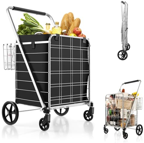 GYMAX Carro de la Compra Plegable de 126l, Carro de Supermercado con 4 Ruedas, 2 Cestas, Bolsa Oxford Impermeable Extraíble, Carga Máxima 150kg, Ideal para IR de Compras