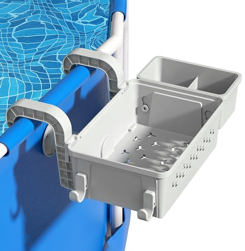 AROMUJOY Papelera Almacenamiento para Piscina con Portavasos, Poolside Cesta de Almacenamiento Junto a la Piscina, Accesorio para Piscina Sobre el Suelo, Gris