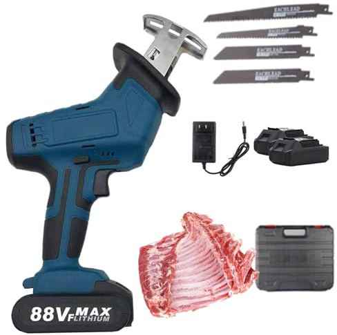 UPIKIT Scie à Os sans Fil,Scie à Os De Boucher Professionnelle électrique 21 V,Scie Sabre électrique à Vitesse Variable 0-3000 TR/Min,4 Lames,Meilleur Choix pour La Coupe des Os,2-Batteries