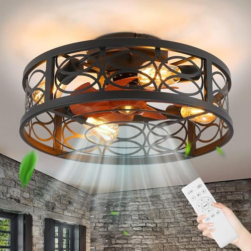 Ventilatore da soffitto con illuminazione, vintage, E27, lampada da soffitto con ventilatore, colore nero, gabbia di ferro, lampada da soffitto con telecomando, silenziosa con ventilatore, per