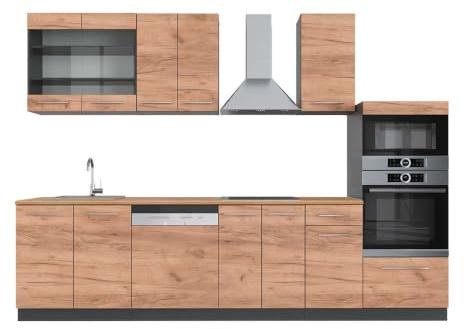 Vicco Küchenzeile Fame-Line, Goldkraft Eiche/Anthrazit, 300 cm | 8 Module · Höhenverstellbare Füße · AP Eiche inkl. · Robuste Fronten · Softclose · Metallgriffe