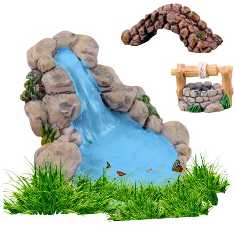Peosaard Mini-puits d'eau Figurines, 3pcs Accessoires de Jardin de fées, résine Micro-Paysage Ornement puits d'eau Vintage, Cascade d'ornements de Jardin Miniatures pour décoration de Jardin de fées
