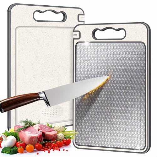 Stainless Steel Cutting Board, Double Sided Chopping Board for Kitchen, Scratch-resistant Mesh Design, Non Toxic, Juice Groove, Dishwasher Safe, 304 Stainless Steel and Wheat Straw PP (15×10 In）