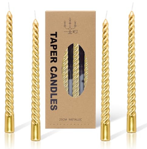 Alederways Dinner Candles, Gold Tapered Candles Pillar Spiral Twisted Long Candles Non Drip for Wedding Halloween Valentine's Day Christmas Birthday Party Decoration 4Pcs