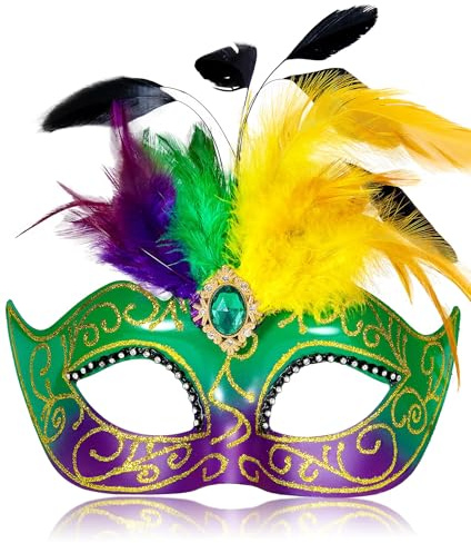 MYSEUNI Mardi Gras masker för kvinnor med fjädrar – Mascarad Venetiansk mask för maskeradfest