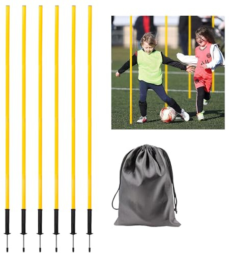 6Pcs 5FT Agility Poles for Soccer,Basketball,Football,Dog,Horse Training-Adjustable Speed and Agility Training Equipment Sports Training Sticks with Ground Spring Nails and Storage Bag(Yellow)