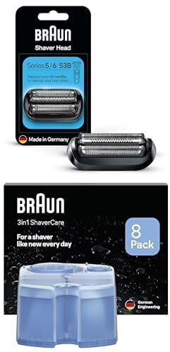 Braun Series 5 und 6 Scherkopf, Ersatzscherteil für Series 5 und 6 (Modelle ab 2020), Made in Germany, 53B, schwarz+ Braun 3-in-1 ShaverCare Reinigungskartuschen für Reinigungsstationen, 8er Pack