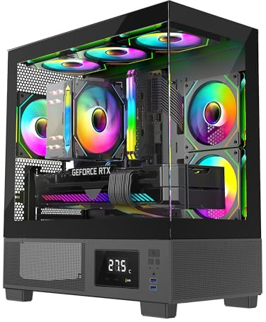 IONZ KZ-V Mini Aether mATX PC Gaming case, Tempered Glass, LED Temperature Display, includes 3 x120 mm ARGB Fans, Black