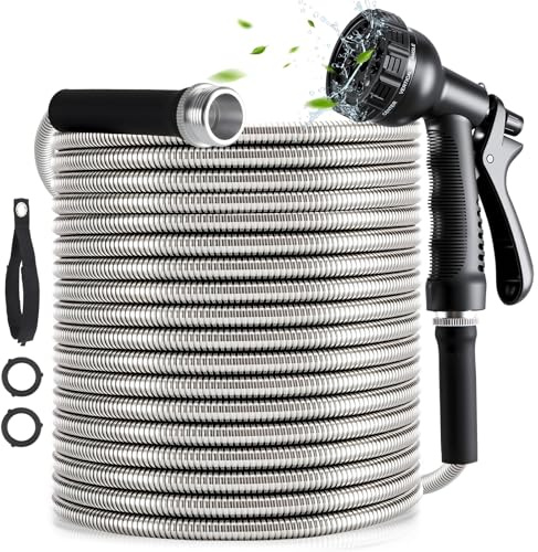 YXT&BEYOND Tubo acqua Giardino con Avvolgitubo 30m, Acciaio Inox Tubo Estensibile in Metallo, 10 Tipi di Getto, Accessori Esterno, Robusto e Resistente Alla Corrosione