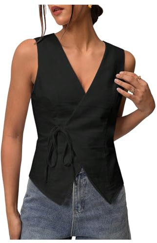SHENHE Women's Summer Linen Vest Side Tie Sleeveless Wrap Tank V Neck Dressy Going Out Top Black Small