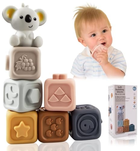 7 Stück Weich Baby Bausteine Spielzeug Motorikspielzeug Stapelwürfel, Montessori Spielzeug ab 1 Jahr Bauklötze mit Zahlen Tieren Früchten Buchstaben, Squeeze Zahnen Kleinkind ab 6 12 18 Monate