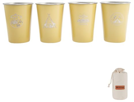 PKRANZYHKAL Lot de 4 Tasses Camping en Inox 304 (350ml) - Mugs Isothermes Café/Gobelets Bière Éco-Responsables - Ultra-Légères,Design Anti-Confusion+Housse Cuir Optionnelle,2ps,YELLOW,BAG